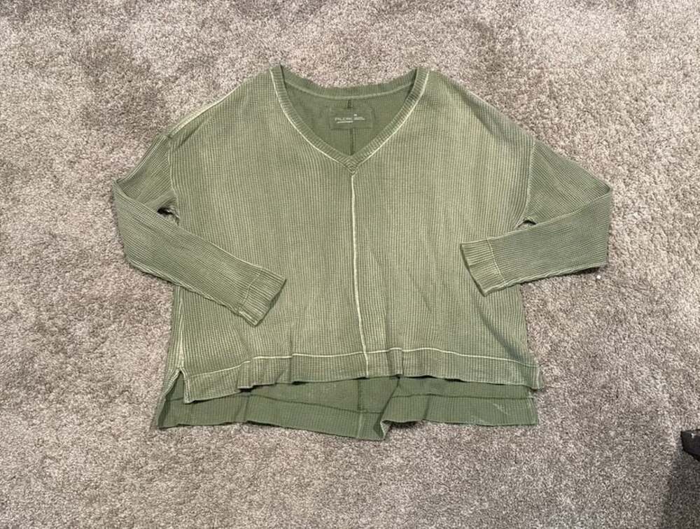 Pilcro and the Letterpress V-Neck Waffle Knit Thermal Top in Sage Green